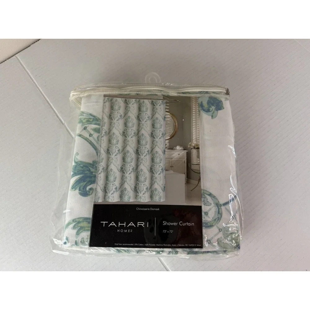 Tahari Home Green Blue Chinoiserie Damask Fabric Shower Curtain Paisley NWT